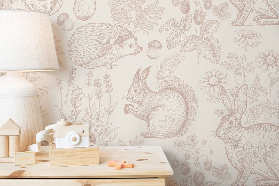Whimsical Woodland Animals Wallpaper - Other colors available / Sketched Animals Wallpaper / Nurs... | Etsy (US)