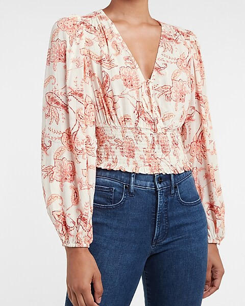 Metallic Paisley Puff Sleeve Smocked Waist Top | Express