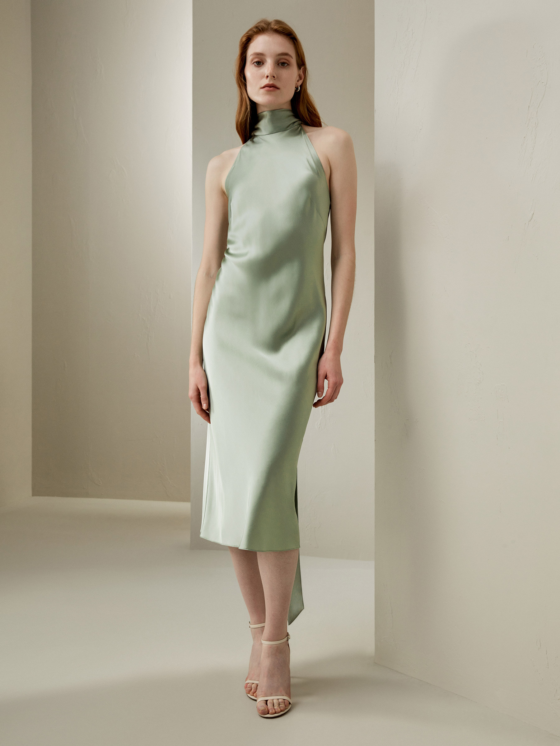 Halter Neck Open Back Silk Dress | LilySilk