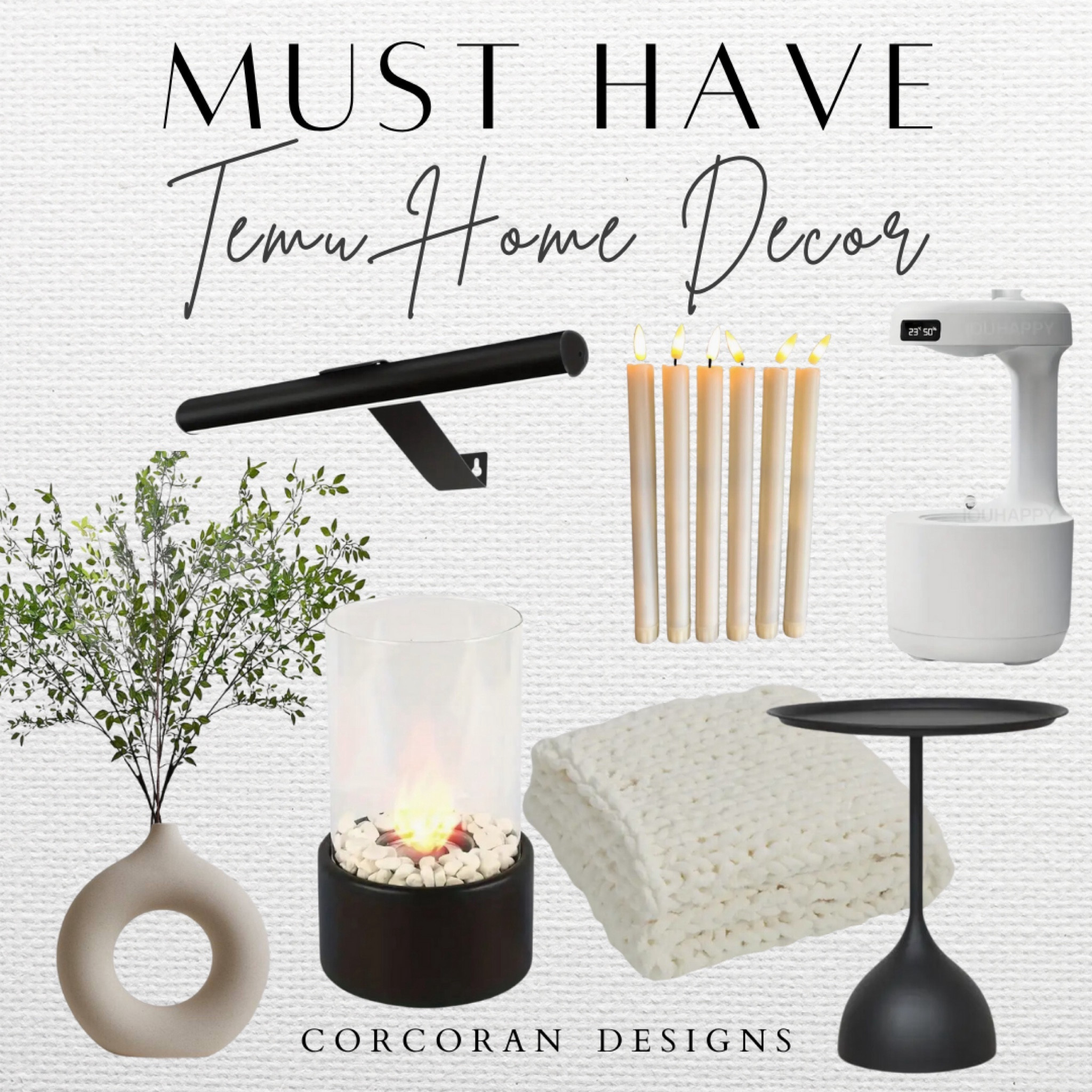 Must have aesthetic, neutral home decor finds! These affordable home finds make any home look  clean & aesthetic! 

Modern home finds, neutral home decor, Temu finds, affordable home, gallery light, humidifier, tabletop fire pit, white chunky throw, black side table, flameless candle sticks, faux stems


#LTKsalealert #LTKhome #LTKfindsunder100