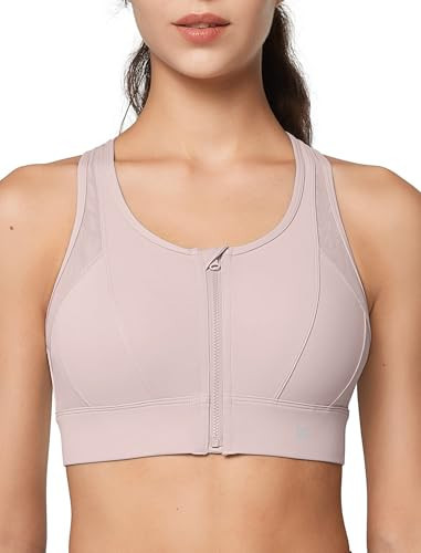 Yvette High Impact Zip Front Sports Bra Mesh Racerback Workout High Support Sports Bras for Women Large Breasts, Pale Pink, 4XL+ | Amazon (US)
