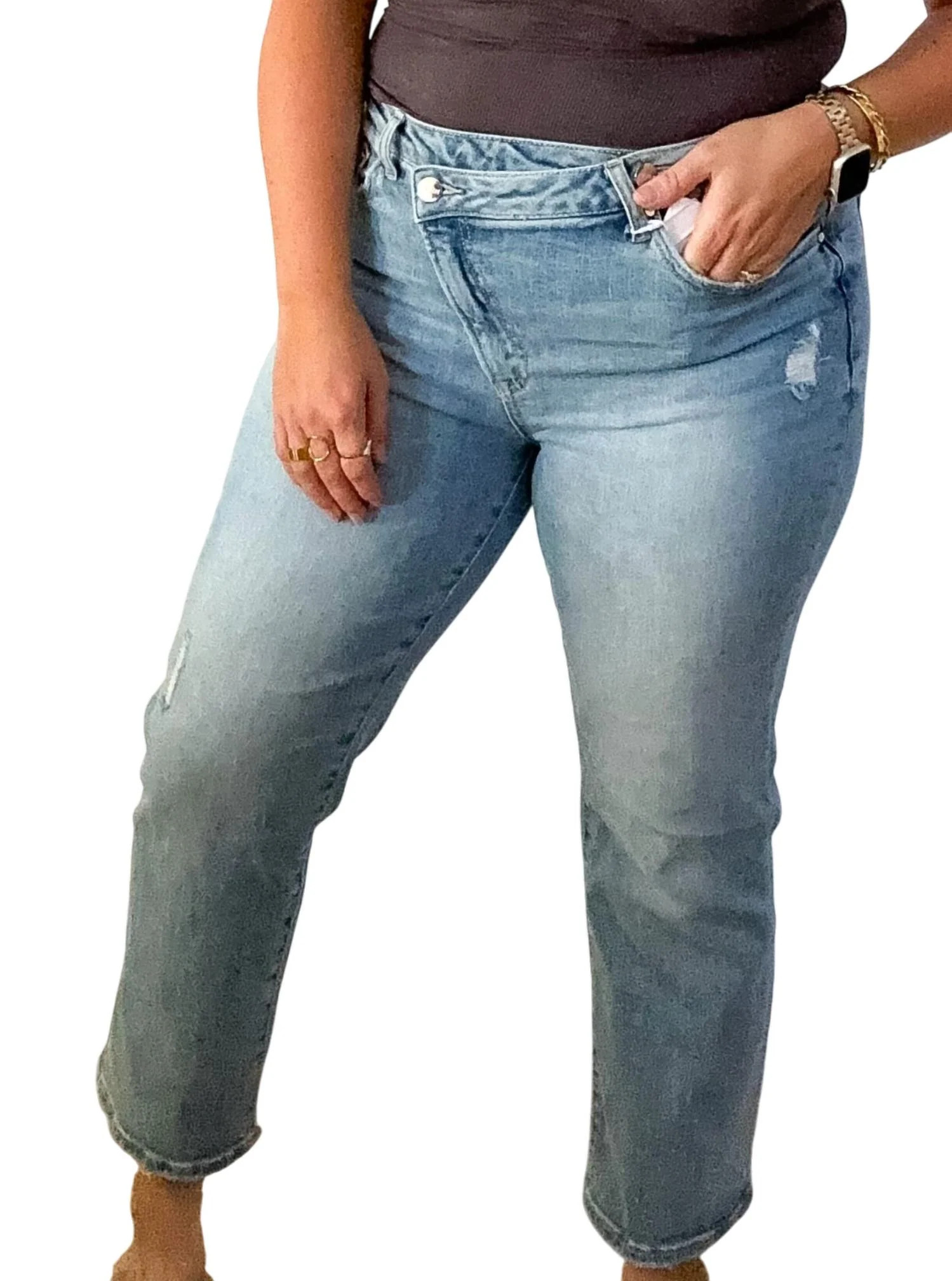 High Rise Crossover Jeans In Light Wash | Shop Simon