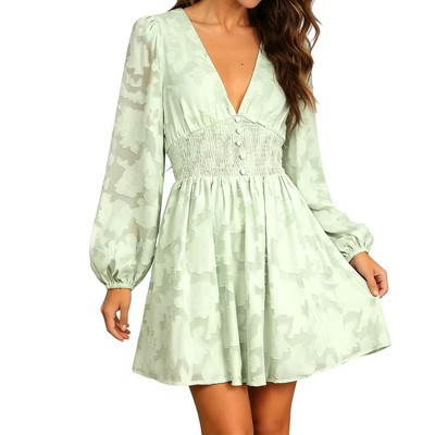 Women's Casual Mini Dress Long Sleeve V-Neck High Waist, Flowy A-Line Chiffon Dress for Daily Wear Green S | Target