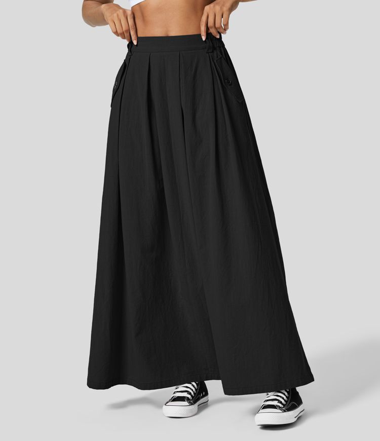 High Waisted Plicated Side Pocket Maxi A Line Casual Linen-Feel Skirt | HALARA