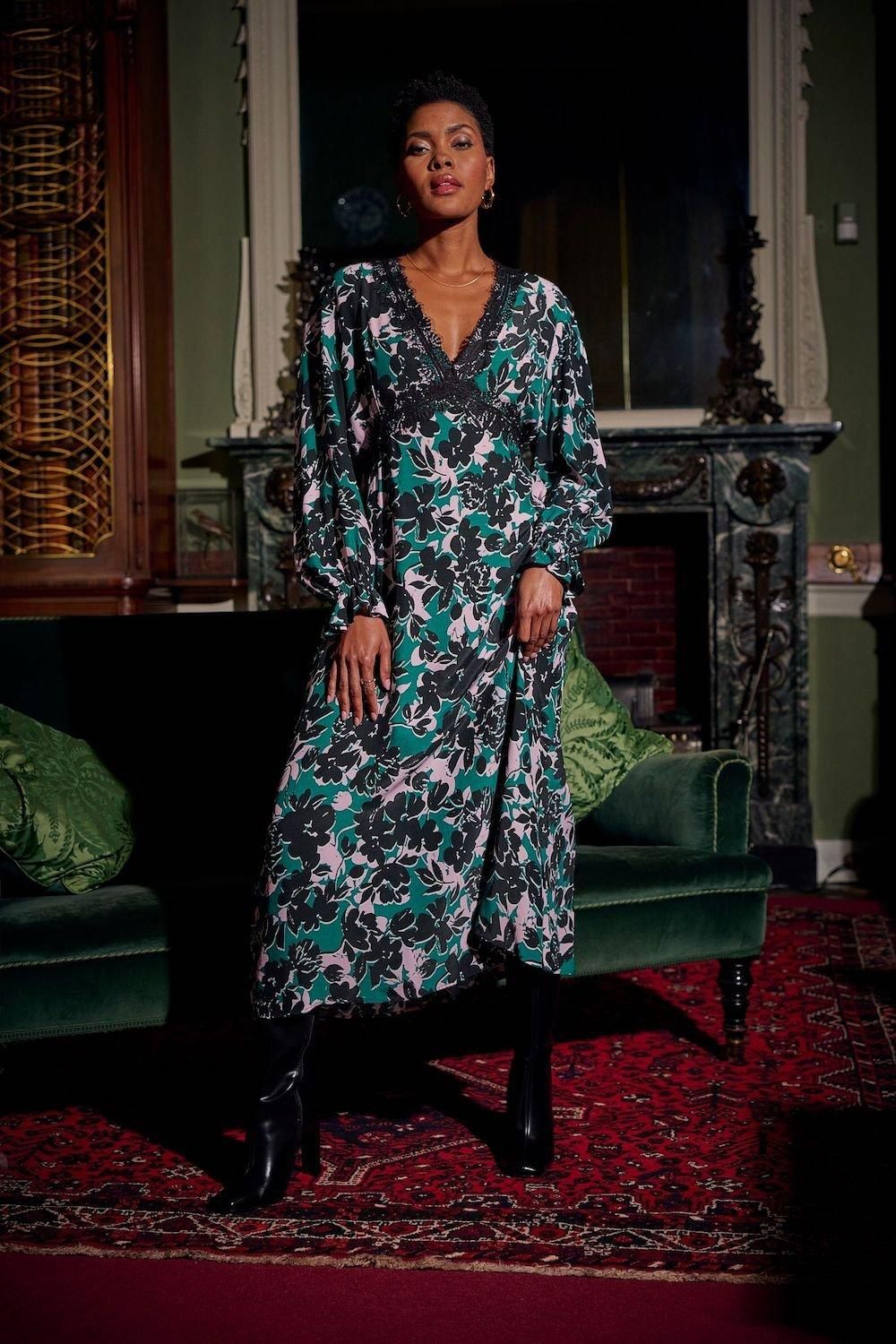 Dresses | Long Sleeved Floral Midi Dress With Lace Trims In Green | ANOTHER SUNDAY | Debenhams UK