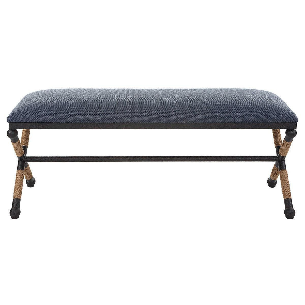 Navy Upholstered Rustic Iron Framed Bench | The Well Appointed House, LLC