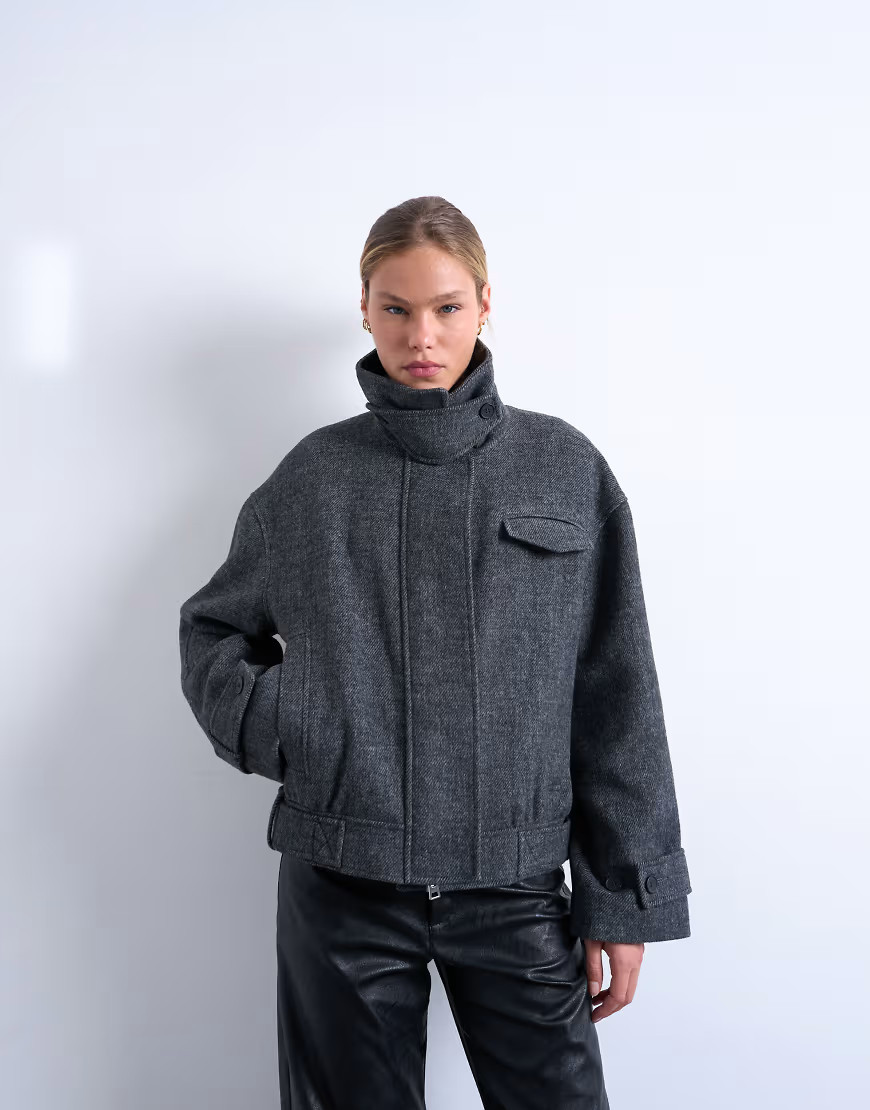 Topshop wool blend bomber jacket with tab detail in charcoal-Gray | ASOS (Global)