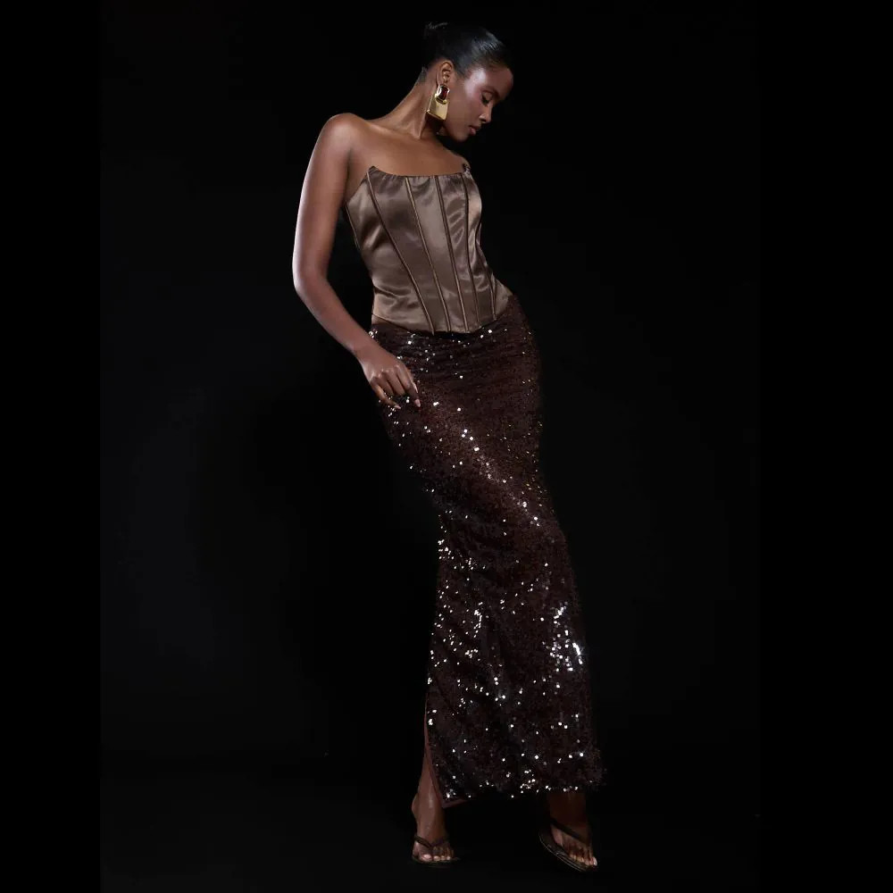 Maxi Skirt In Brown Sequin | EGO (UK)