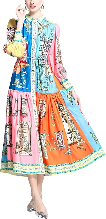 Women's Colorful Retro Print Long Sleeve Button Down Shirt Dress with Ruffle Hem | Amazon (US)