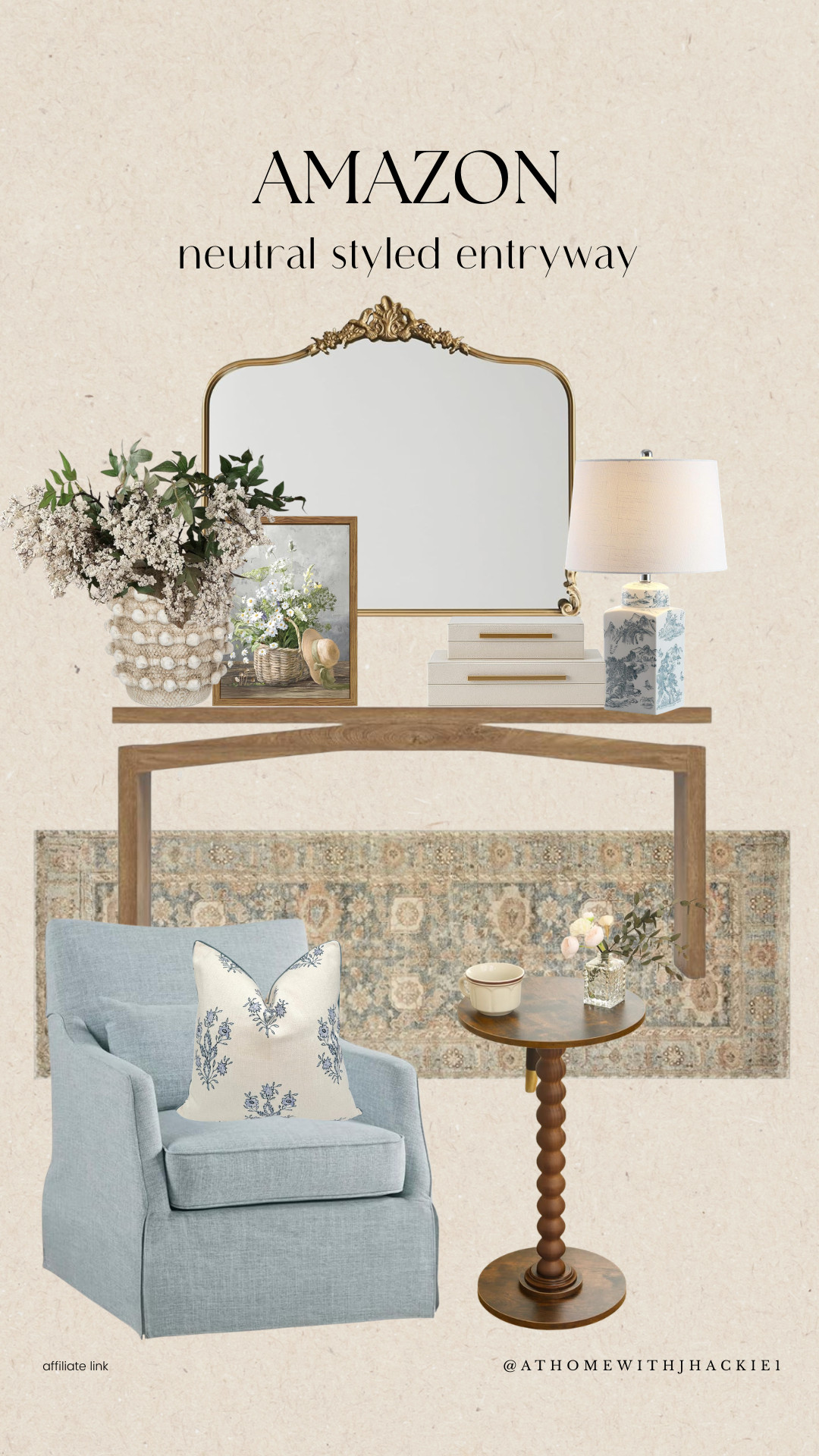 Amazon entryway decor, neutral entryway styling, amazon console table decor, gold ornate mirror amazon, blue and white table lamp, neutral entryway rug, framed floral artwork, decorative storage boxes, entryway accent chair blue, round pedestal side table, traditional neutral home decor, amazon home styling finds, vintage inspired mirror amazon, grandmillennial entryway decor 

 

#LTKSeasonal #LTKHome