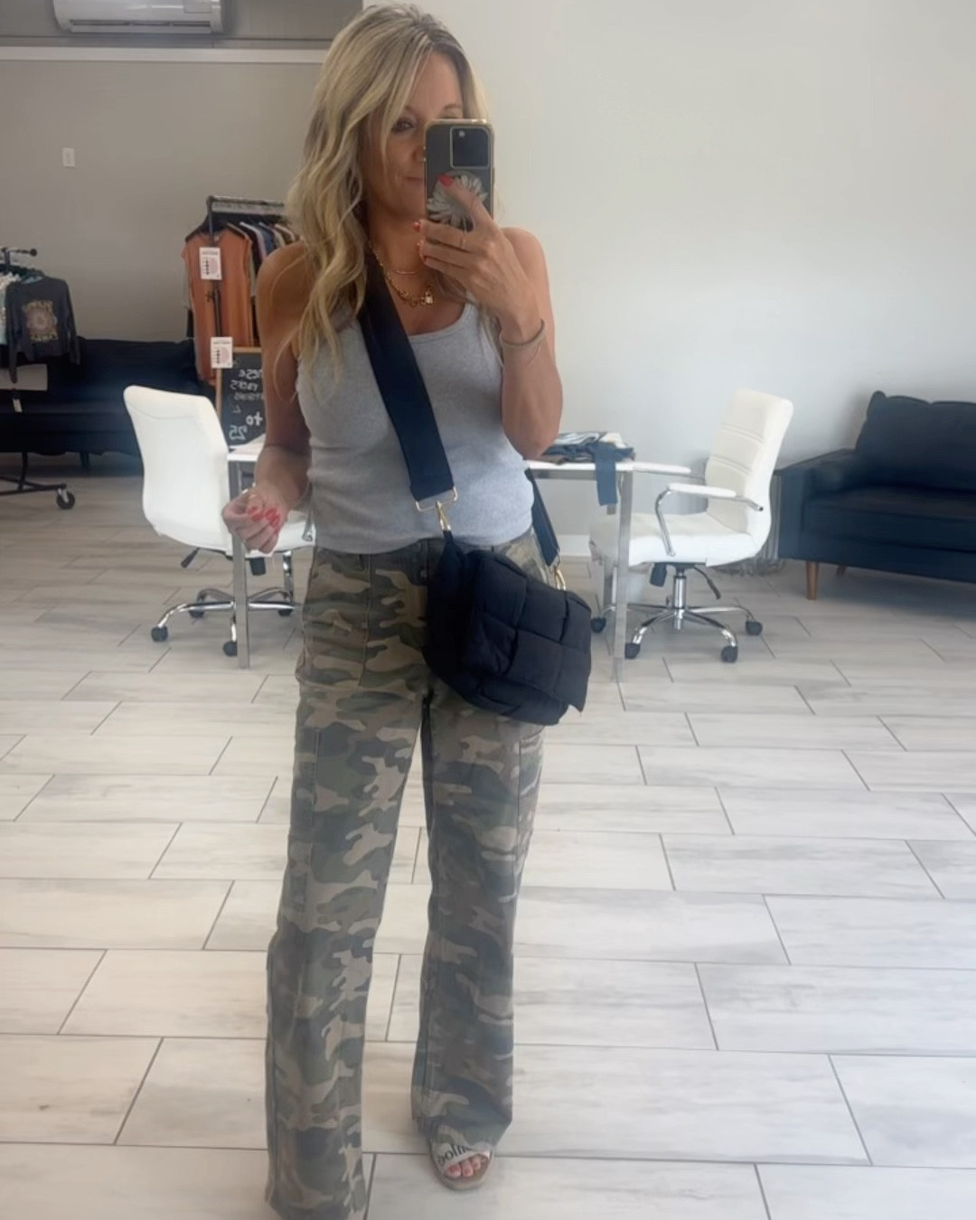 OOTD- obsessed with these camo cargo pants! Wearing a size small, roomy fit. 

Tank - one of my favorite basics- wearing a large so it isn’t skin tight. Intended to be fitted. This is the gray color. 

Quilted crossbody bag in black 

#LTKOver40