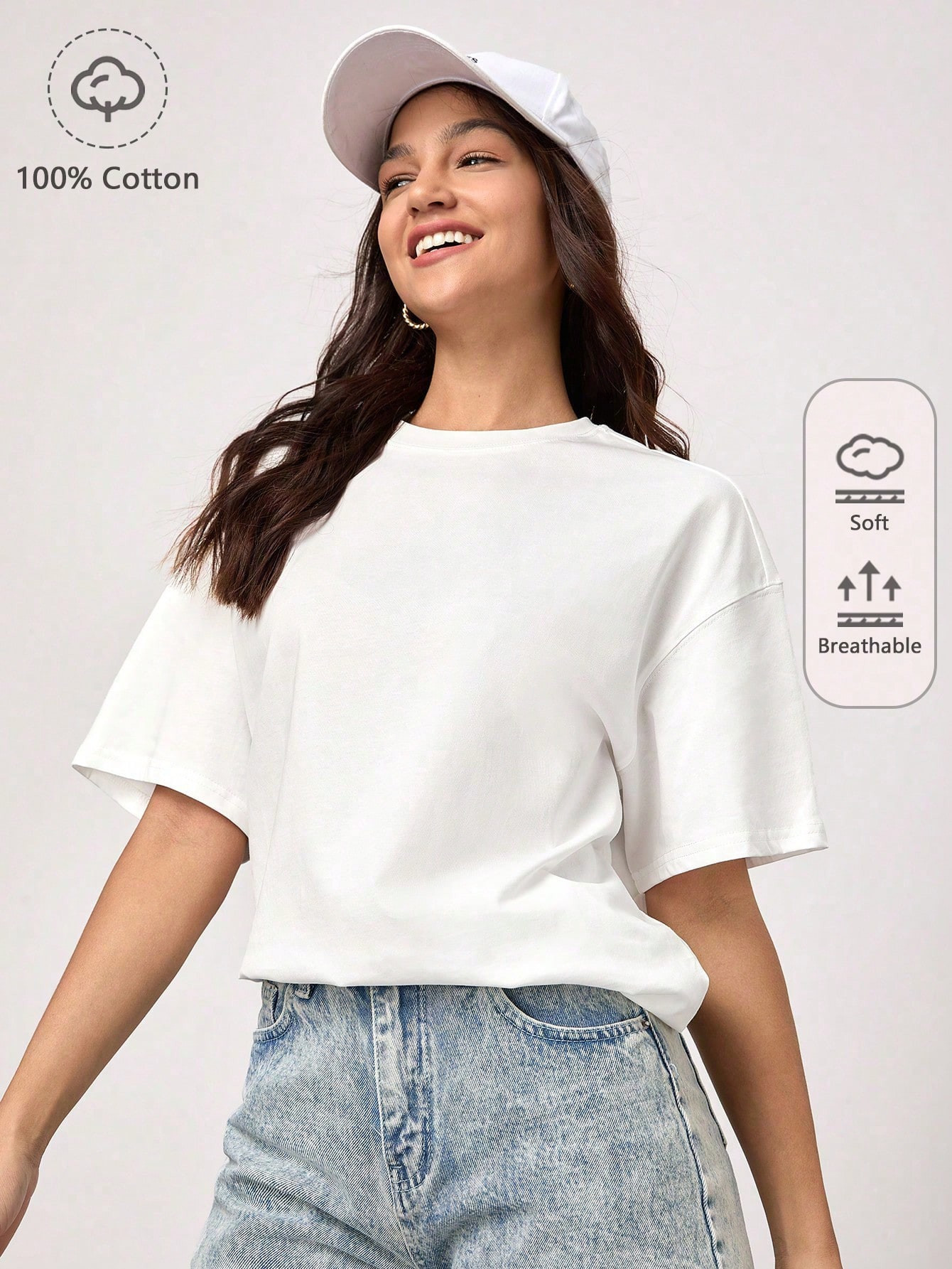 SHEIN BASICS 100% Cotton Solid Drop Shoulder Tee | SHEIN