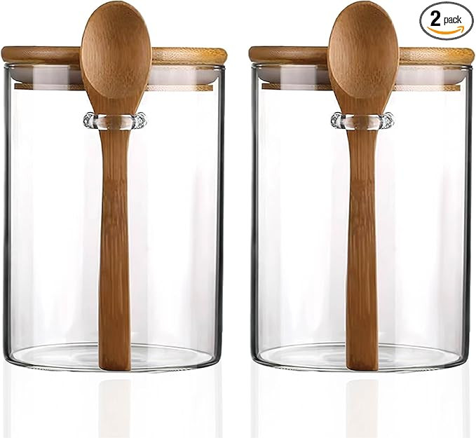 Set of 2 Clear Glass Storage Canister with Wooden Spoon 420ML/15Oz, Airtight Lid Sealed Small Gla... | Amazon (US)