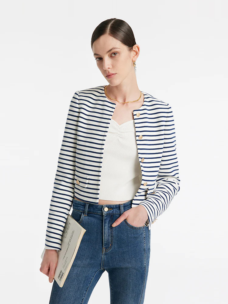 Cotton Striped Single-Breasted Women Crop Jacket | GOELIA