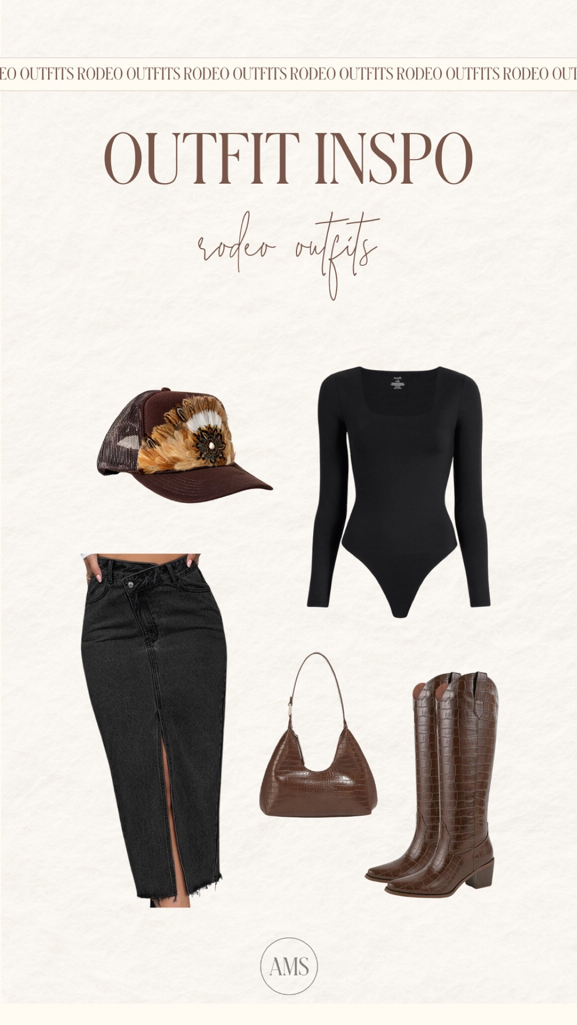 Rodeo outfit inspo! 🤠 winter outfit, denim skirt, bodysuit, brown and black outfit, trucker hat 

#LTKshoecrush #LTKstyletip