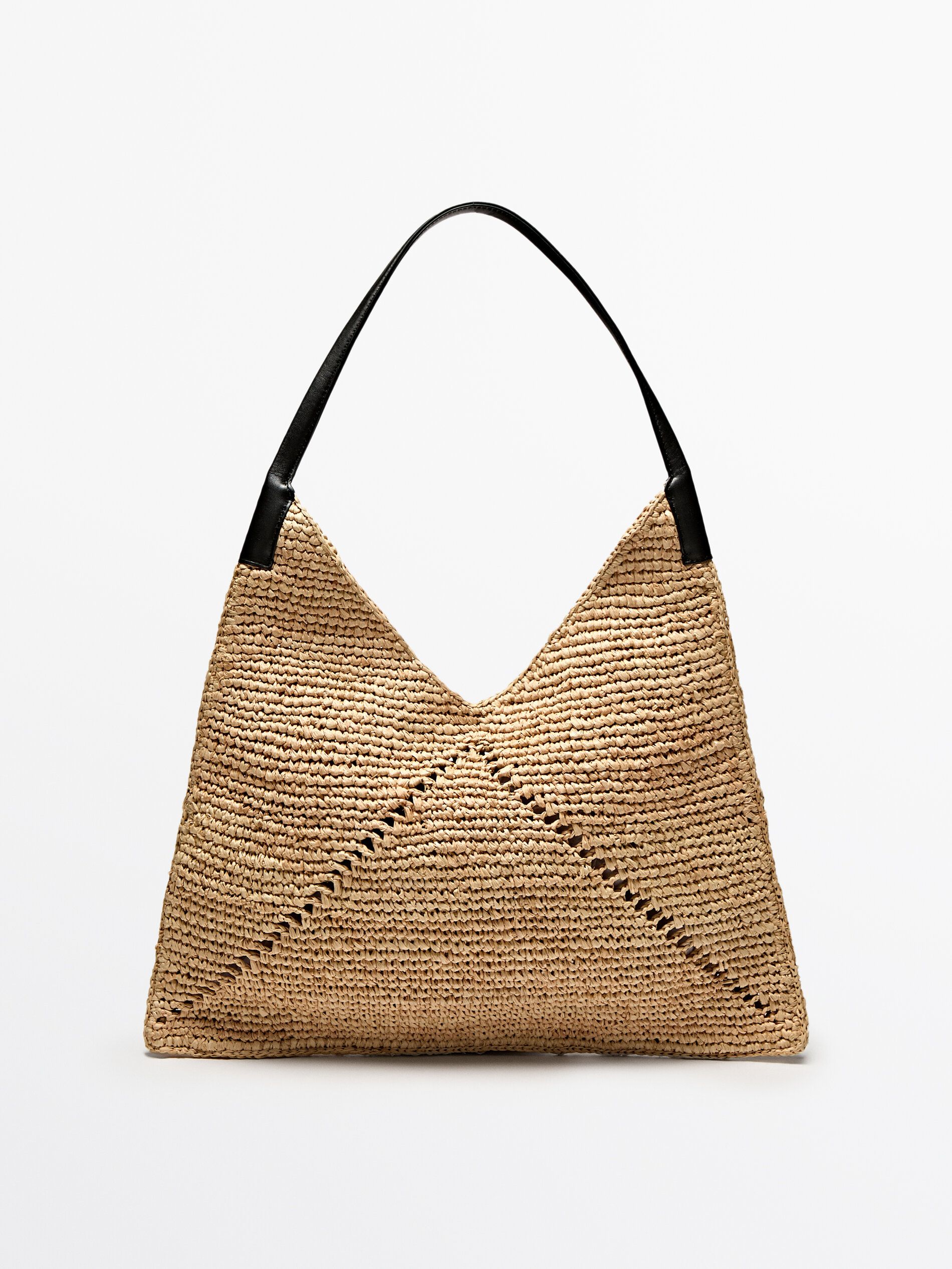 Raffia flat shopper bag with leather handle | Massimo Dutti UK