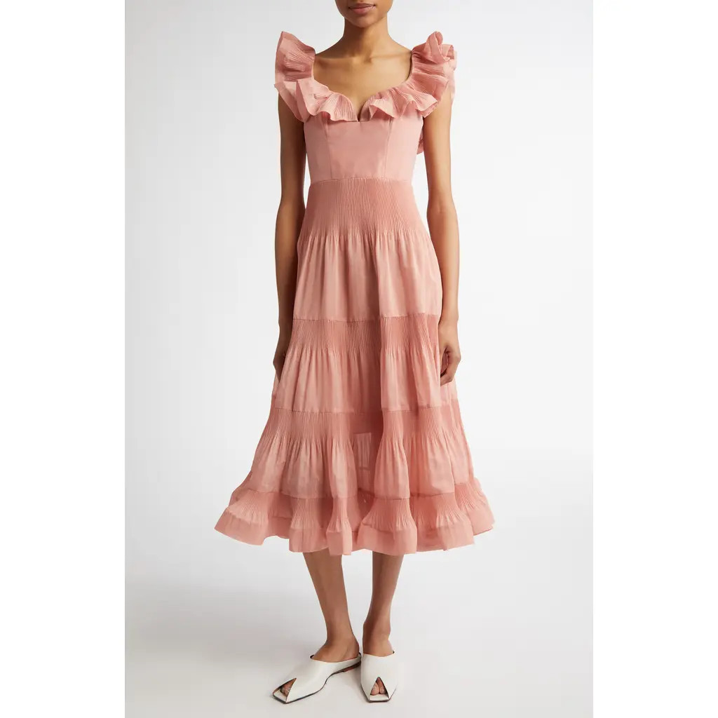 Zimmermann Pleated Frill Midi Dress in Lipstick at Nordstrom, Size 2 | Nordstrom