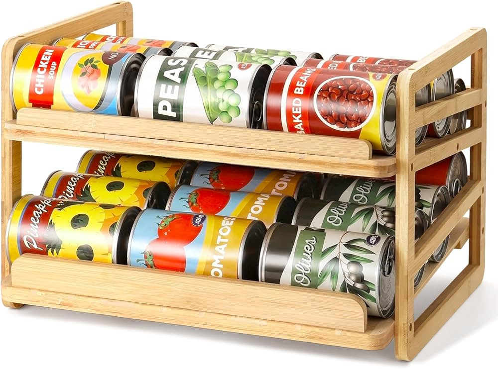 Rolling Bamboo Can Organizer Rack, Stackable Double-Layer Can Organizers and Storage For Pantry, ... | Amazon (US)