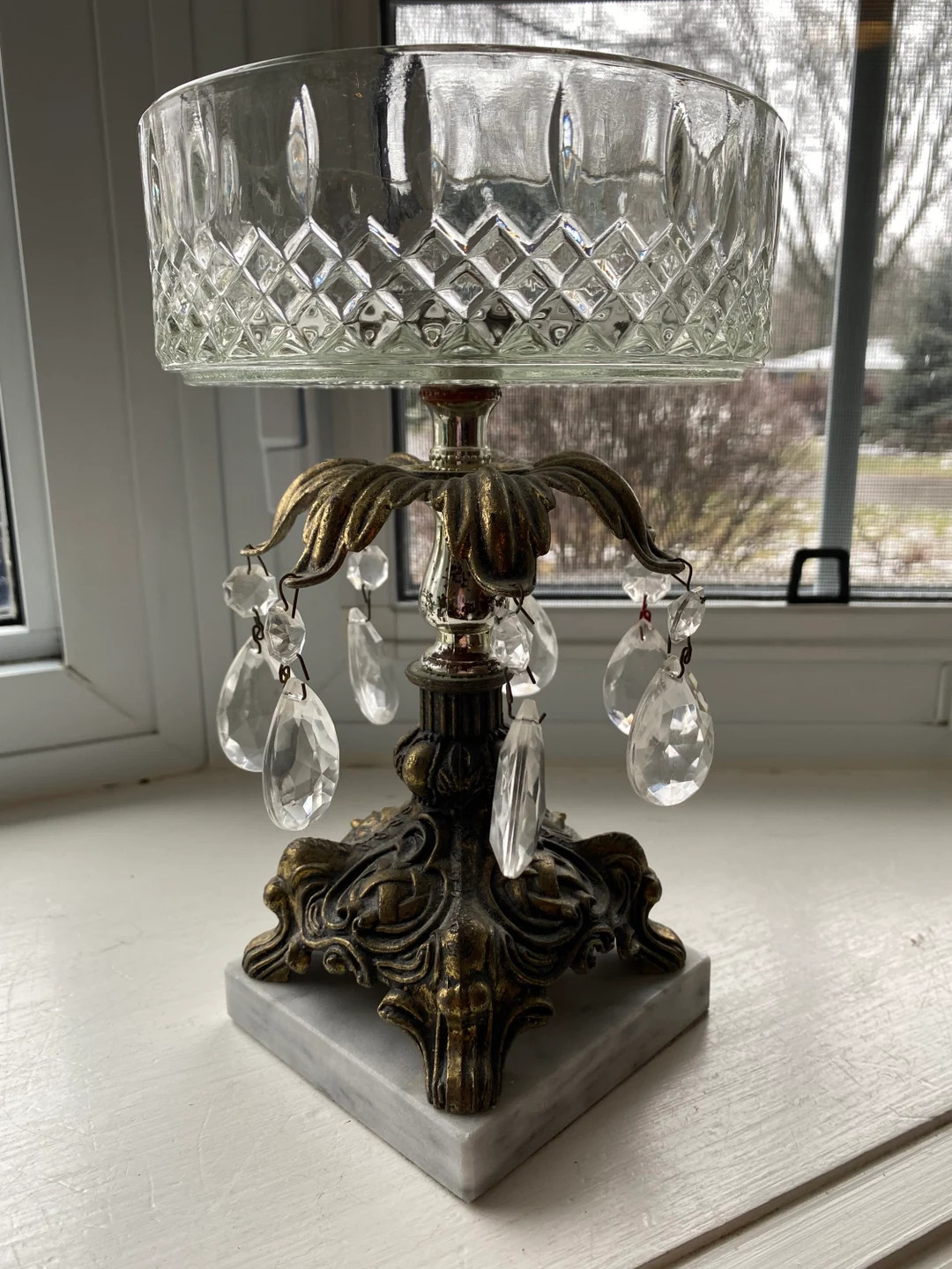 Vintage Crystal Bowl on Brass Pedestal and Marble Base With Hanging Crystal Prisms, Vintage Tall ... | Etsy (US)