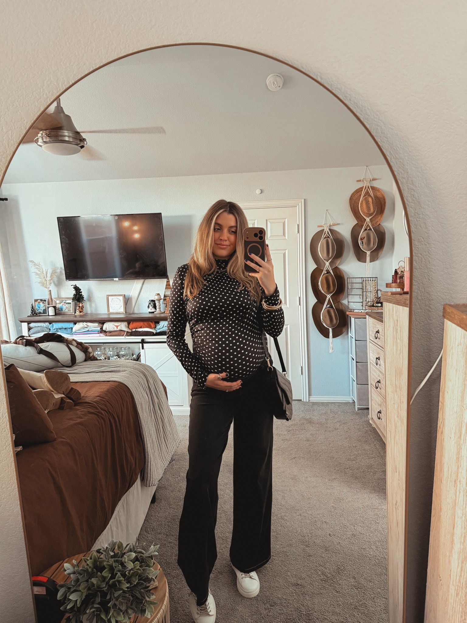 Maternity fashion. Polkadots. Bodysuit. Cute outfit. Mom outfit. Pregnancy outfit. New Year’s outfit.￼

#LTKBump #LTKootd #LTKFindsUnder100