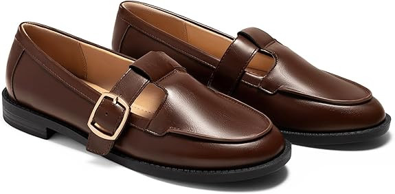 Coutgo Womens Slip On Loafers T-Strap Closed Round Toe Flats Comfortable Work Business Dress Shoe... | Amazon (US)