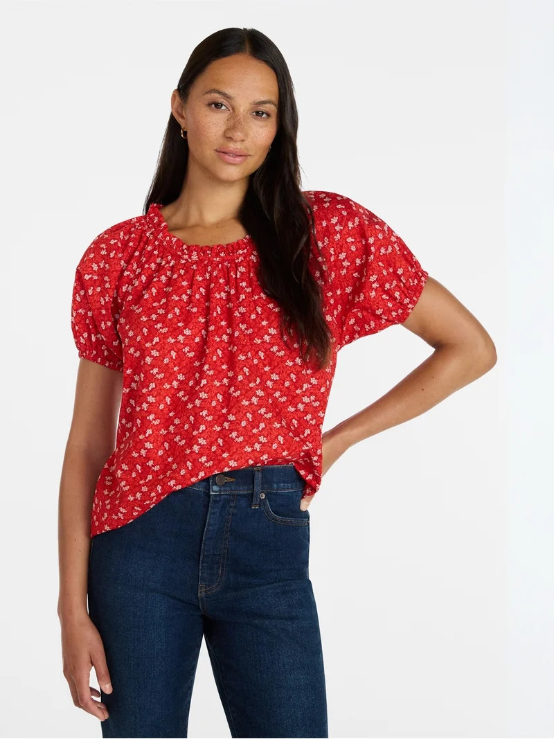Time and Tru Women's Ruffle Neck Cotton Top with Short Puff Sleeves, Sizes XS-XXXL | Walmart (US)
