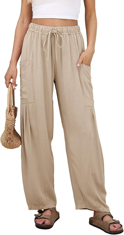 Duyang Women Linen Wide Leg Pants Casual Summer Palazzo Pants Beach Vacation Outfits Flowy Loose ... | Amazon (US)