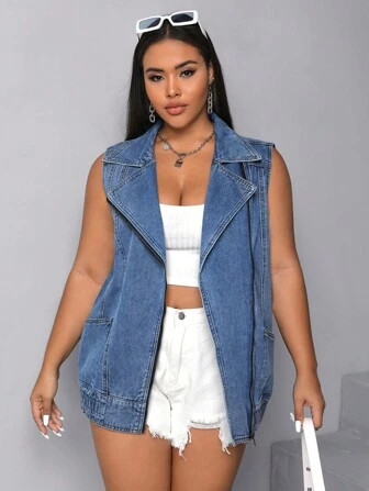 SHEIN EZwear Plus Lapel Neck Zip Up Denim Vest Jacket | SHEIN