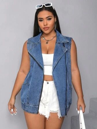 SHEIN EZwear Plus Lapel Neck Zip Up Denim Vest Jacket | SHEIN