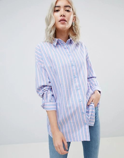 ASOS DESIGN Oversized Shirt in Blue and Pink Stripe | ASOS UK