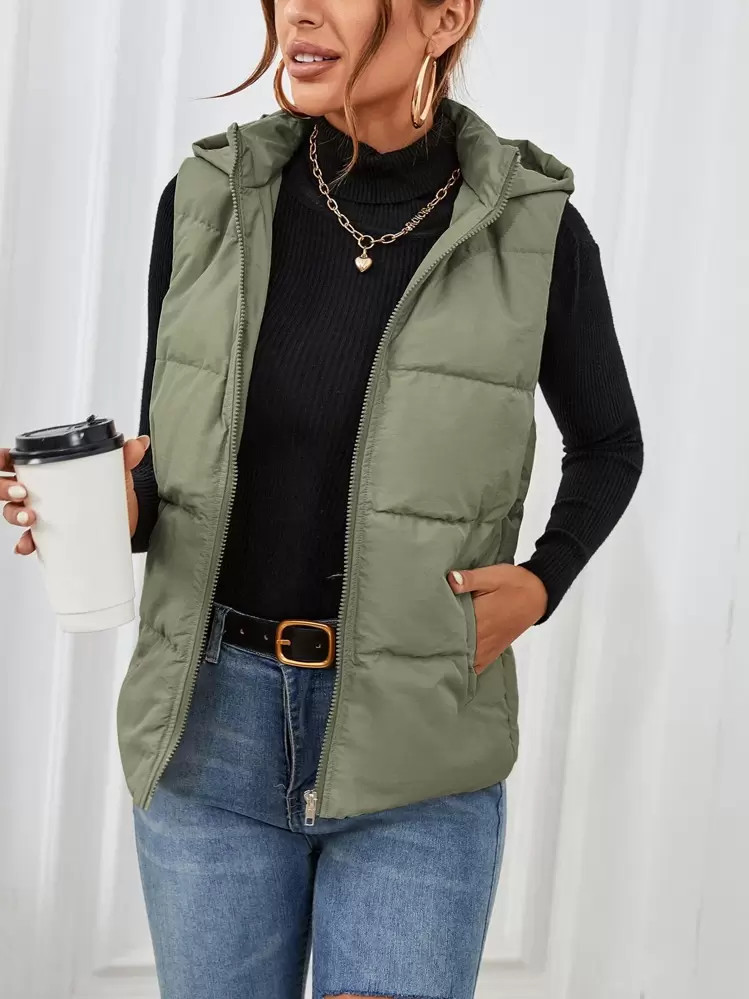 SHEIN Frenchy Zipper Up Slant Pocket Hooded Sleeveless Padded Coat In Fall/Winter | SHEIN