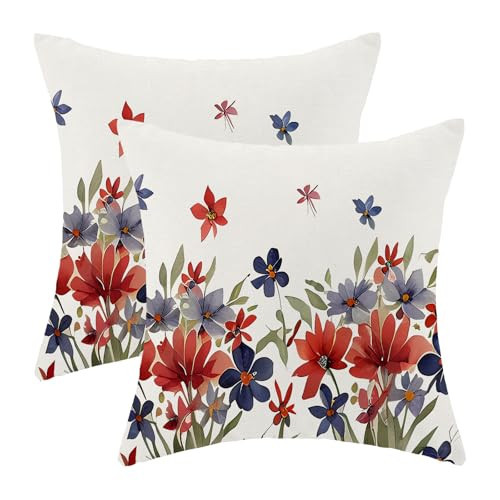CXMEIFLY 4th of July Pillow Covers 18x18 Inch Set of 2 Red Blue Floral Flower Independence Day Decor Throw Pillows Memorial Day Patriotic Outdoor Decorative Cushion Cases for Couch Bed Decorations | Amazon (US)
