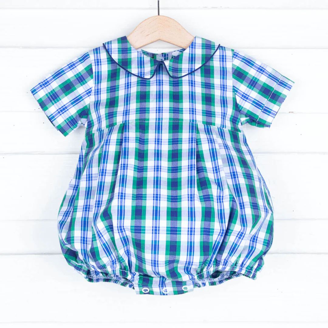 Navy and Green Fall Plaid Collared Boy Bubble | Classic Whimsy