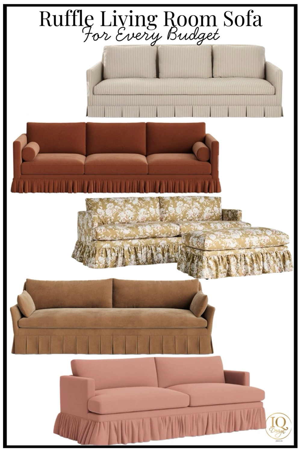 Ruffle Living Room Sofa – For Every Budget

Soft, feminine, and full of charm, the ruffle sofa trend is bringing a cozy, romantic feel back into living rooms. From tailored skirted sofas to relaxed slipcovered styles, these pieces add movement, texture, and a designer-collected look without feeling stiff or formal.

Whether you love neutral linen, warm camel tones, or soft blush upholstery, a ruffled sofa can make your space feel layered, comfortable, and inviting. This look works beautifully in traditional, cottage, grandmillennial, and cozy modern living rooms—especially when paired with vintage-inspired rugs, soft pillows, and warm wood accents.

If you want a living room that feels more personal and less cookie-cutter, this trend is a beautiful way to add softness and character.

Pinterest 2-17-26

#LTKmomlife #LTKOver40 #LTKHome