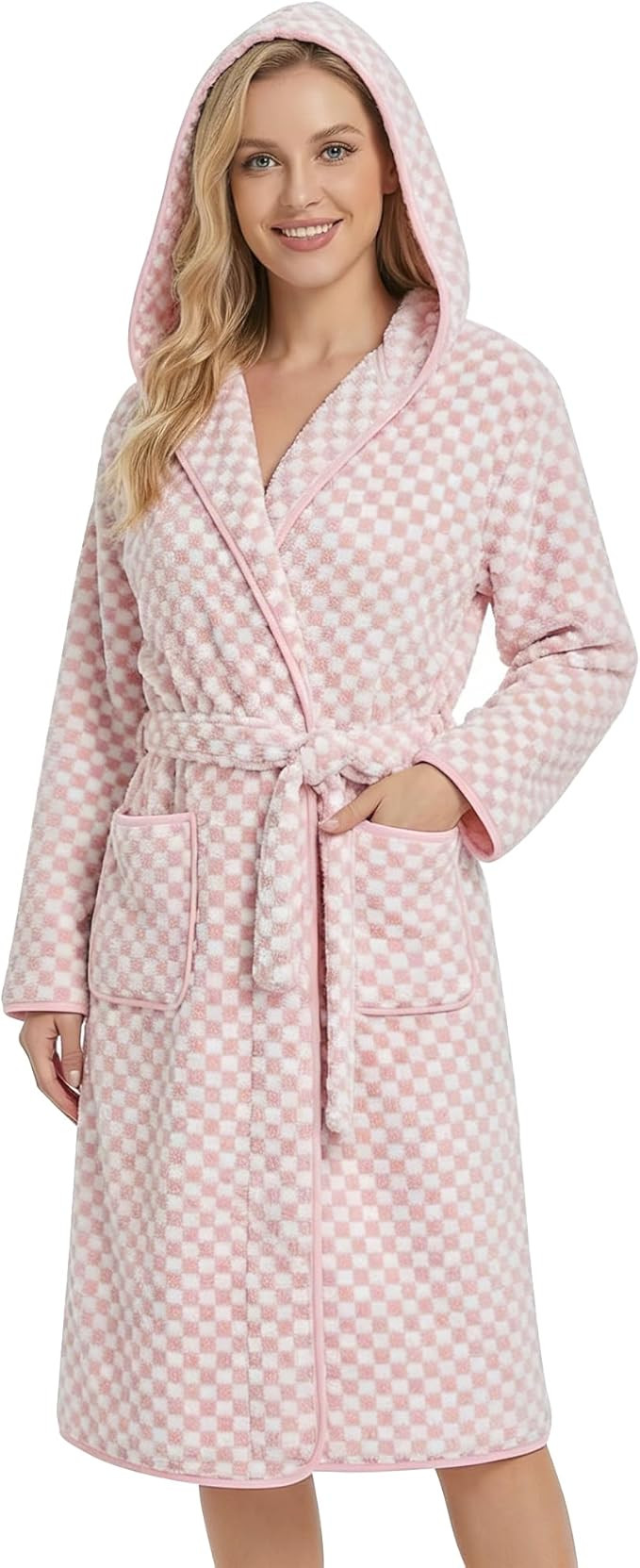 PJGGZ Checkered Hooded Bathrobe for Women, Lightweight Microfiber Towel Material Quick Dry Soft A... | Amazon (US)