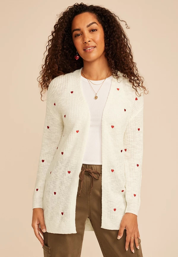 Heart Embroidered Open Front Cardigan | Maurices