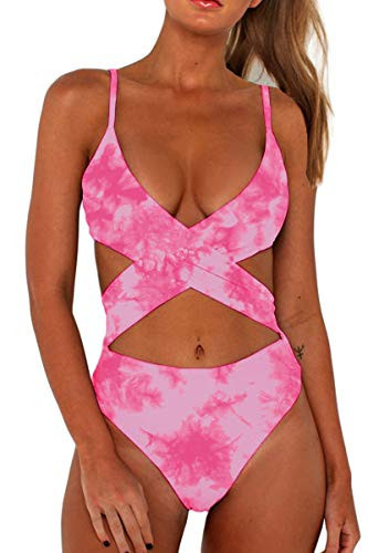 CHYRII Women's Tie Dye Print One Piece Swimsuit Sexy Low Back Criss Cross Front High Cut Cheeky Swimwear Bathing Suits M | Amazon (US)