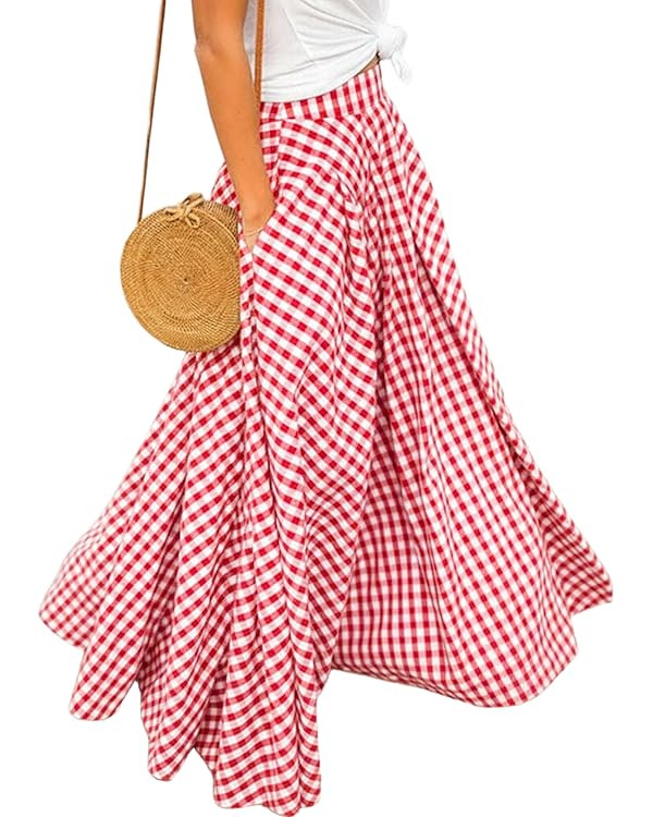 Mansy Women's Plaid Maxi Skirt- High Waist A Line Gingham Skirt,Pleated Flared Summer Casual Swin... | Amazon (US)