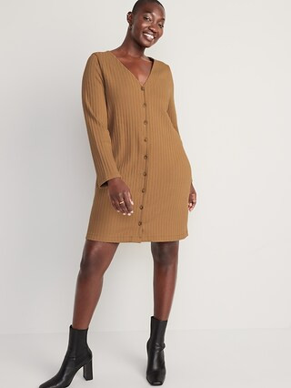 Long-Sleeve Rib-Knit Button-Front Mini Shift Dress for Women | Old Navy (US)