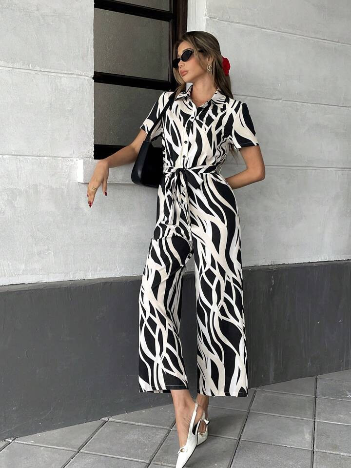 SHEIN Clasi 1pc Women's Casual & Elegant Geometric Print Short Sleeve Jumpsuit, Suitable For Spri... | SHEIN