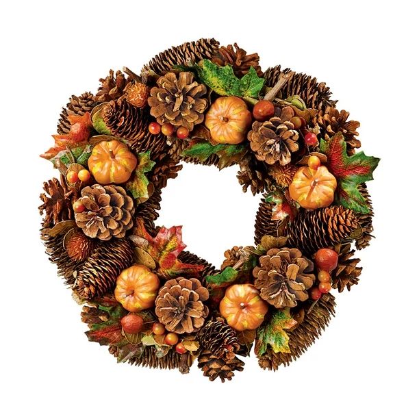 Faux Pumpkins and Real Pinecones Fall Holiday Wreath, 13.5 Inch Diameter - Walmart.com | Walmart (US)