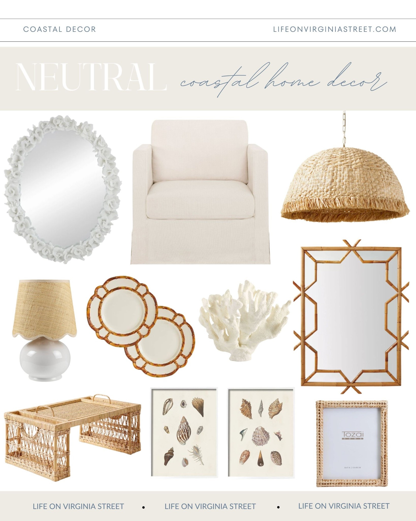 Some of my favorite neutral coastal decor including this coral mirror, slipcovered swivel chair, basket weave pendant light, seashell art, seashells, decorative coral, scalloped rattan lamp, conch shell, braided rattan picture frame, bamboo style melamine plates, serving tray, and bamboo mirror. See more here: https://lifeonvirginiastreet.com/neutral-coastal-decor/. #ltkhome #ltkseasonal #ltksalealert


#LTKSaleAlert #LTKSeasonal #LTKHome