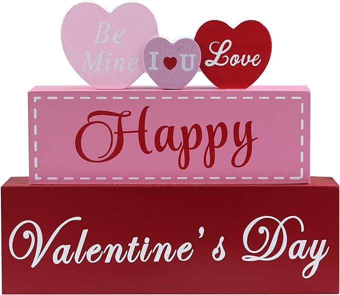 Valentines Day Decor, DECSPAS 3-layered Pink Red Heart Wood Block Set Valentines Day Decoration, ... | Amazon (US)