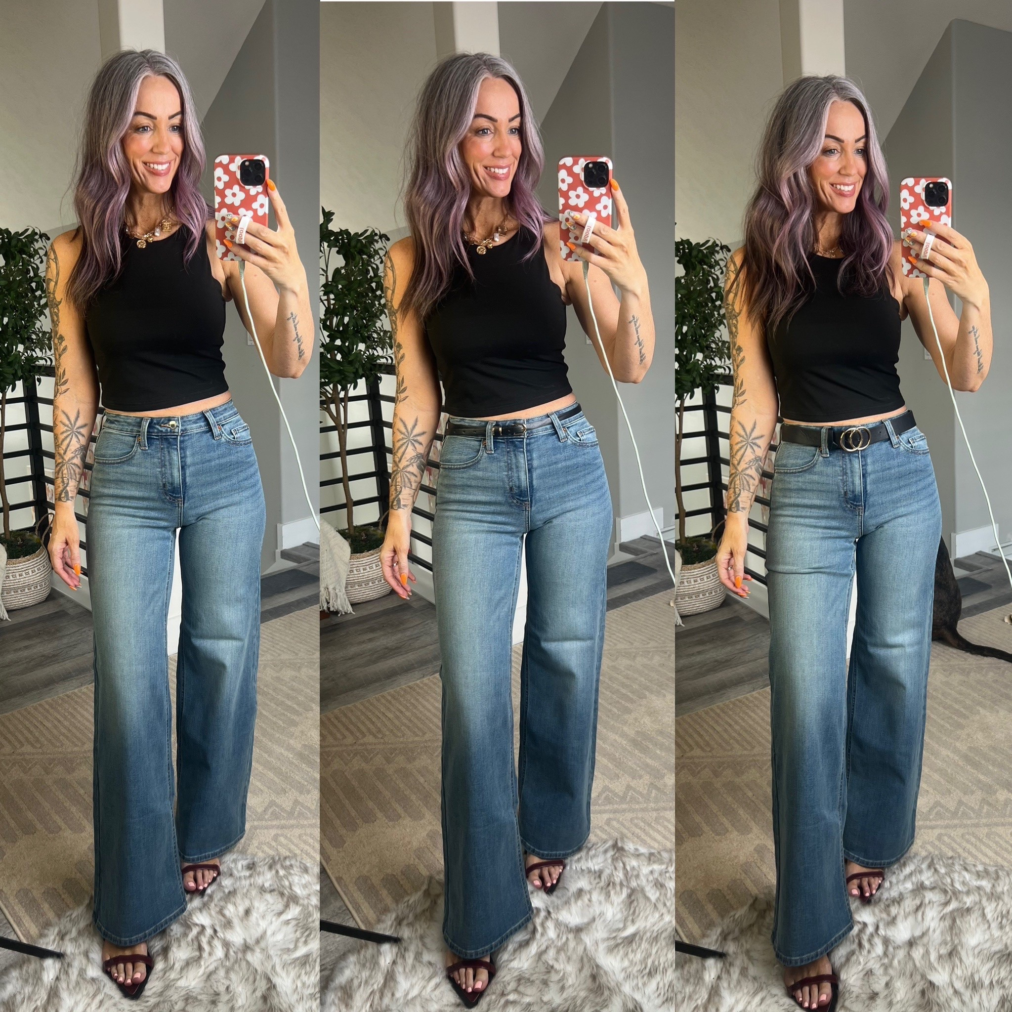 Target jeans with no belt, skinny belt, or wide belt. I’m wearing size 6 on the jeans they fit a bit snug in the bum so I returned for size 8!  



#LTKmomlife #LTKActive #LTKOver40