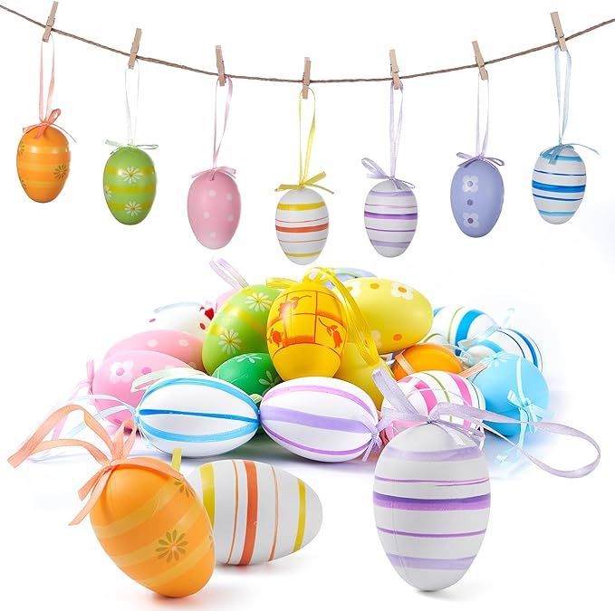 24 PcsEaster Hanging Eggs Decorations - Colorful Plastic Easter Eggs, Decorative Easter Tree Hang... | Amazon (US)