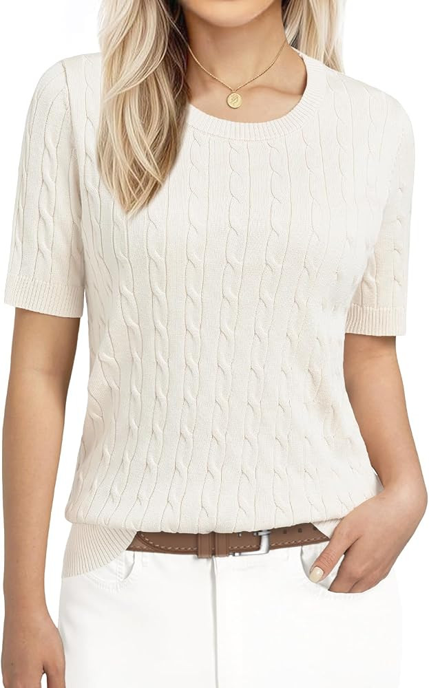 GKBK Womens Short Sleeve Cable Knit Sweater Lightweight Ribbed Pullover Office Casual Blouse 2026 | Amazon (US)