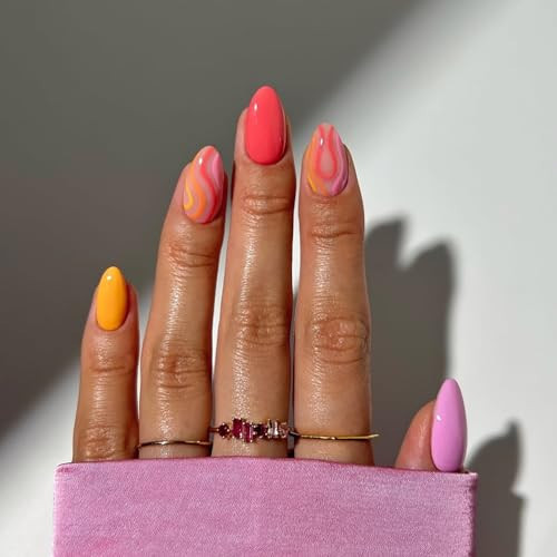 24Pcs Press On Nails Short Almond Fake Nails Acrylic Almond Nails Press Ons Artificial Glossy False Nails With Stripe Designs Full Cover Glue On Nail Short Stick On Nail For Women Girls | Amazon (US)