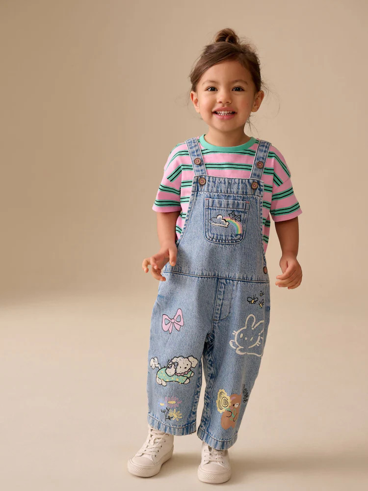Mid Blue Cat Printed Denim Dungarees (3mths-7yrs) | Next US