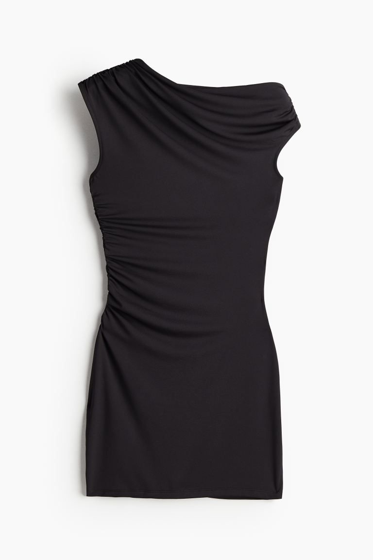 Gathered One-shoulder Dress - Asymmetric Neckline - Sleeveless - Black - Ladies | H&M US | H&M (US + CA)