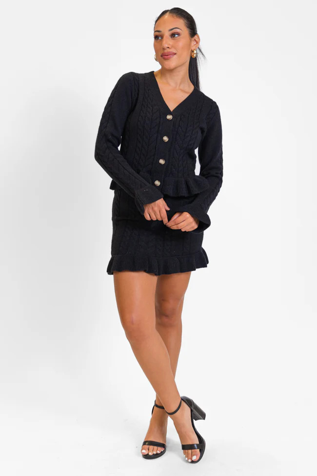 Glistening In The Snow Black Cable Knit Cardigan Set | Pink Lily
